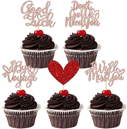 SYKYCTCY 24 Pack We Will Miss You Cupcake Toppers Glitter Red Love Heart Good Luck Cupcake Picks Retirement Theme Going Away Party Cake Decorations Silver