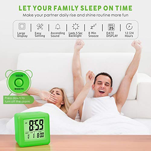 Plumeet Easy Setting Digital Travel Alarm Clock with Snooze, Soft Nightlight, Large Display Time/Date/Alarm, Ascending Sound Alarm/Handheld Sized, Best Gift for Kids (Neon Green)