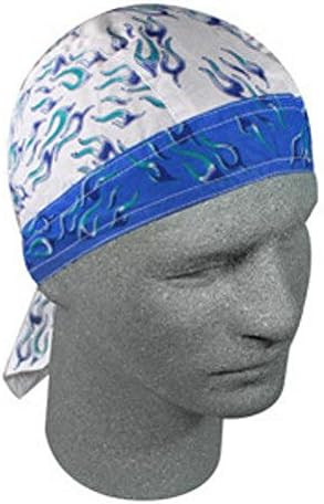 Small Blue Flames over White Doo Rag Headwrap Skull Cap Durang Biker Headwrap