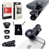 GoStellar Universal 3-in-1 Camera Lens Kit for Smartphones and Tablets - Wide Angle + Macro + Fisheye (Optical Glass/Increased Transparency) - Protective Bag and Clip