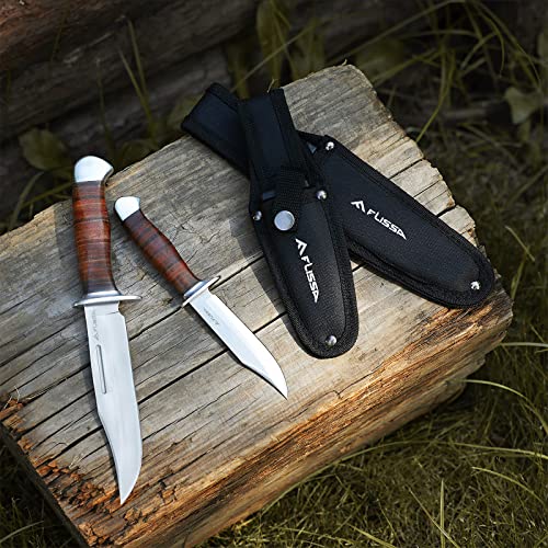 Flissa 2-piece Bowie Knife with Sheath, Fixed Blade Hunting Knife with Leather Handle for Outdoor, Camping, Survival, Hiking