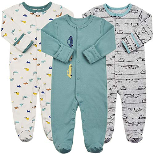 Baby Footed Pajamas with Mittens - 3 Packs Infant Girls Boys Footie Onesies Sleeper Newborn Cotton Sleepwear Outfits (3-6 Months, Car Style)