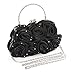 Emour Women Satin Rose Rhinestone Pure Color Handbag Evening Bags Wedding Handbags Carved Handle (Black)