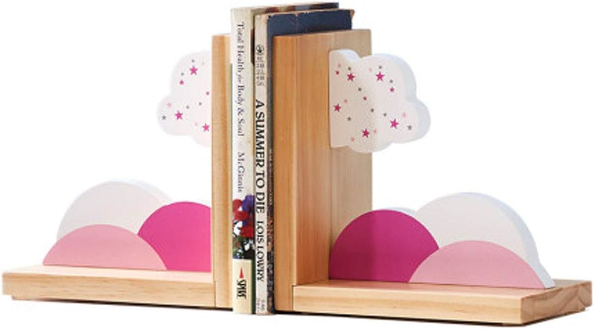Pink Clouds Bookends for Kids Wood Nursery Room Decorative Bookends