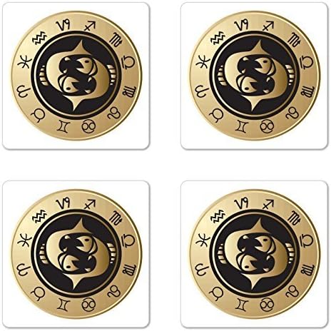 Zodiac Pisces Coaster Set of Four, Horoscope Design with Monochrome Fish Pattern Simplistic Arrangement, Square Rubber Coasters for Drinks, Gold and Black
