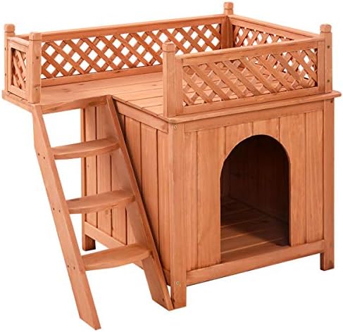 PETSJOY Pet Dog House, Wooden Dog Room Shelter with Stairs, Puppy House with Raised Roof and Balcony for Indoor Outdoor Use, Wood Pet House for Cats Insulated, Kitty Condo, 2 Storey