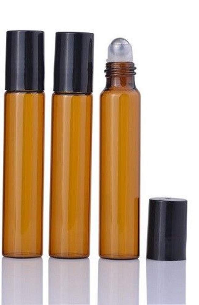 CMJ™ 3 x 10ml Roll On Amber Bottles Essential Oil Empty Metal Roller Ball BLACK Lids UK SELLER