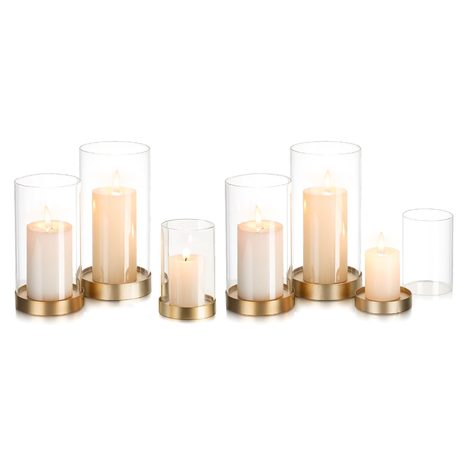 Glasseam Hurricane Candle Holder Glass: Set of 6 Gold Candle Holders for Pillar Candles Metal Candle Holder with Glass Cylinder Pillar Candle Holders for Living Room Table Centrepiece Wedding