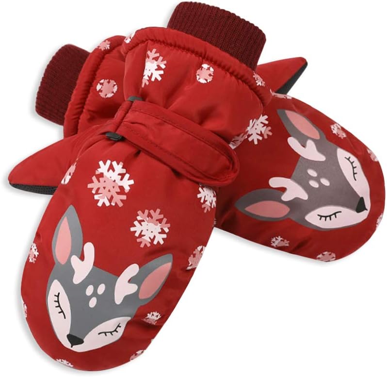 Moonlove Kids Winter Ski Gloves Mittens Reindeer Cartoon Snowboarding Skiing Gloves Inside Thick Padded Super Warm Winter Lovely Mittens for Boys Girls Age 3-7 Years Old