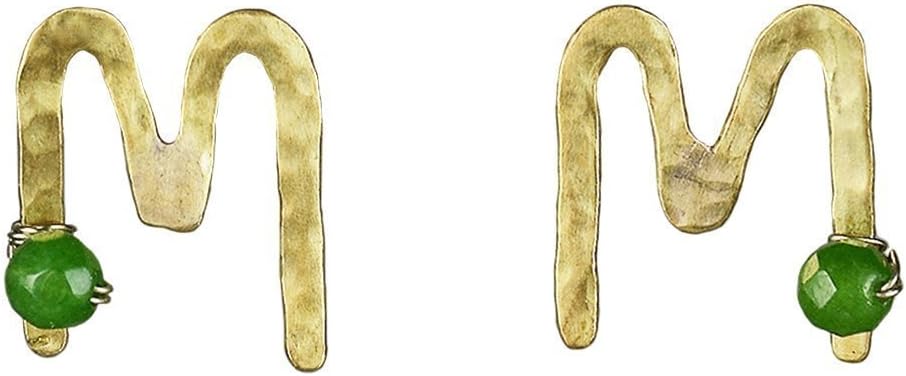 Handmade gold or silver tone green jade M monogram 15 mm women stud earrings