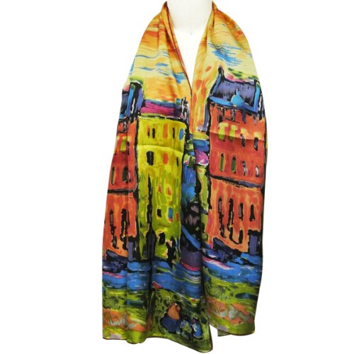 Wrapables Luxurious 100% Charmeuse Silk Long Scarf with Hand Rolled Edges, Wassily Kandinsky's Houses in Munich