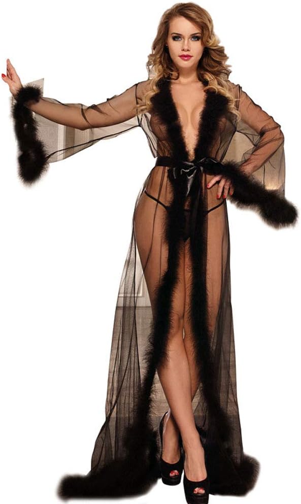 YCWY Women's Sexy Lingerie Set, Plus Size Lace Sleepwear for Women Sexy plush feather Sheer Lace Lingerie,Black,L