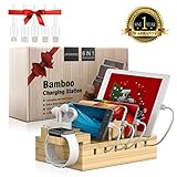 Charging Station for Multiple Devices Bamboo Docking Station Organizer with 5 USB Ports Charger Compatible with iPhone Airpods iwatch cell phone