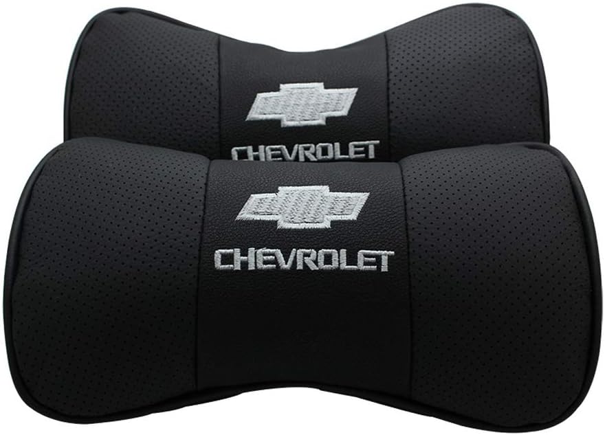 Auto Sport 2 PCS Genuine Leather Bone-Shaped Car Seat Pillow Neck Rest Headrest Comfortable Cushion Pad with Logo Pattern Fit Chevrolet Accessories