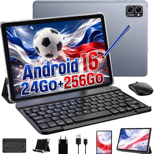 TABWEE Android 16 Tablette avec Clavier - 24 Go+ 256 Go(2To TF), Octo-Core, Gemini AI 3.1Pro, Widevine L1, Tablette 10 Pouces, 5000 mAh, 8 MP+ 5MP, Face ID, GPS (Garantie de 4 Ans)