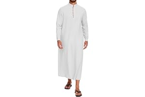 LVCBL Thobe for Men Long Sleeve Kaftan Muslim Thobe Button Down Long Gown Caftan with Pockets