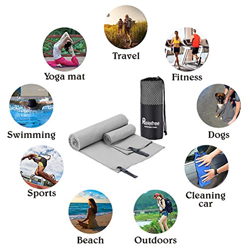 Relefree Microfiber Towel, 2 Pack Travel and Sports Towel, Quick Drying, Lightweight, Ultra Absorbent, Compact for Fitness, Camping, Swimming, Backpacking, Beach, Yoga, Pilates, Gym, Bath, Shower