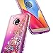 Moto E4 Case with [Tempered Glass Screen Protector], NageBee Glitter Quicksand Liquid Floating Flowing Sparkle Shiny Bling Diamond Luxury Cute Case For Motorola Moto E (4th Generation) -Pink/Purple