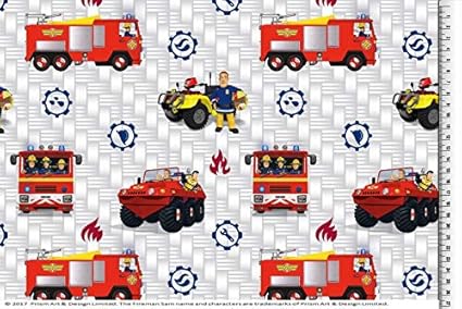 PWSE Baumwoll Jersey Stoff Feuerwehrmann Sam weiß Auto ab 0,5m Ökotex Meterware