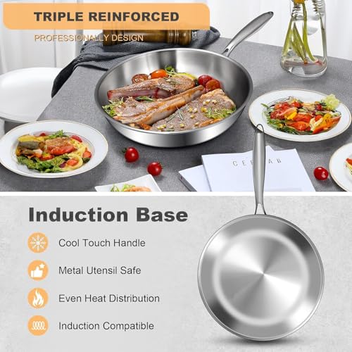 ORCHID M® Tri-Ply Stainless Steel Pan,Frying Pan with Lid, Compatible with All Cooktops,Fast & Even Heat, Skillet, Induction Cookware, Cooking Pan, Stir Fry Pan, Dishwasher Safe (26CM)