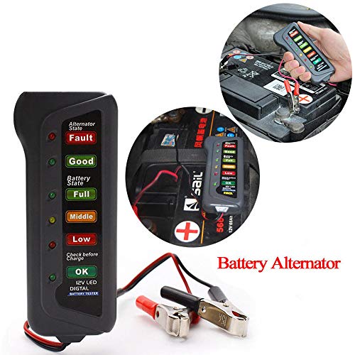 12V Car Digital Battery Tester, Vehicle Battery Tester Alternator Tester 6 LED Lights Display Diagnostic Tool for Cars Motorcycle Batteries (Black, 4.7 x2 x0.7in)