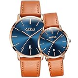 OLEVS His and Hers Couples Quartz Watch,Business Casual Fashion Analog Wrist Watch Classic Calendar Date Window, Waterproof 30M Water Resistant Comfortable Leather Watches