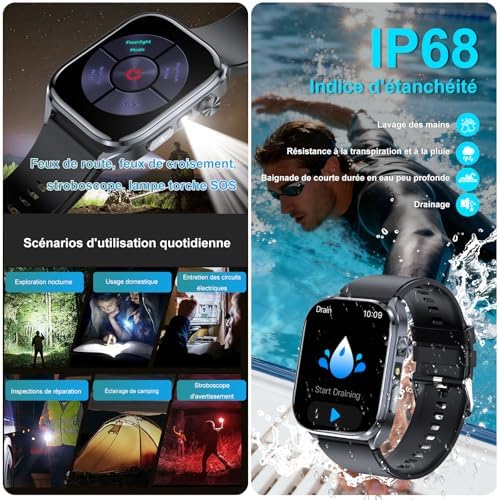 Montre Connectée Homme avec ECG+HRV, 2.0" AI-GPT Smartwatch avec Torche LED
