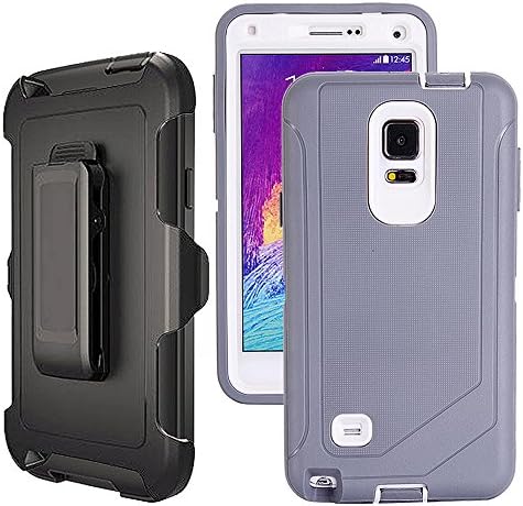 Galaxy Note 4 Case Heavy Duty,Harsel Defender Bumper Shockproof Dustproof Dropproof 3 Layer Rugged Protective Shell Case w/ Built-in Screen Protector & Belt-cliP for Samsung Galaxy Note 4 (Grey White)