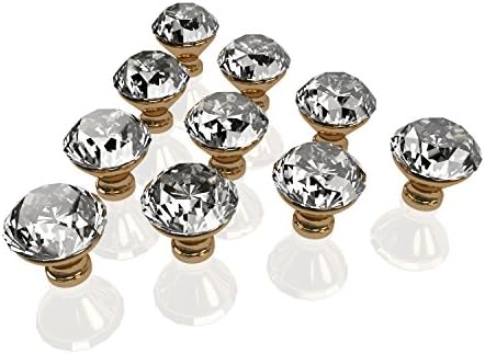 Mitesbony 10PCS Crystal Glass Door Knobs with Diamond Shape, Transparent Diamond Pull Handles for Drawers Cabinets Furniture Decorating (30MM-Gold)