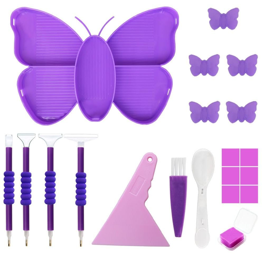 5 Grid Diamond Art Painting Tray Kits Butterfly Shape Drill Tray Plate Diamond Art Painting Pen Nail Art Beading Plates Cross Stitch Tools Kit(Purple)