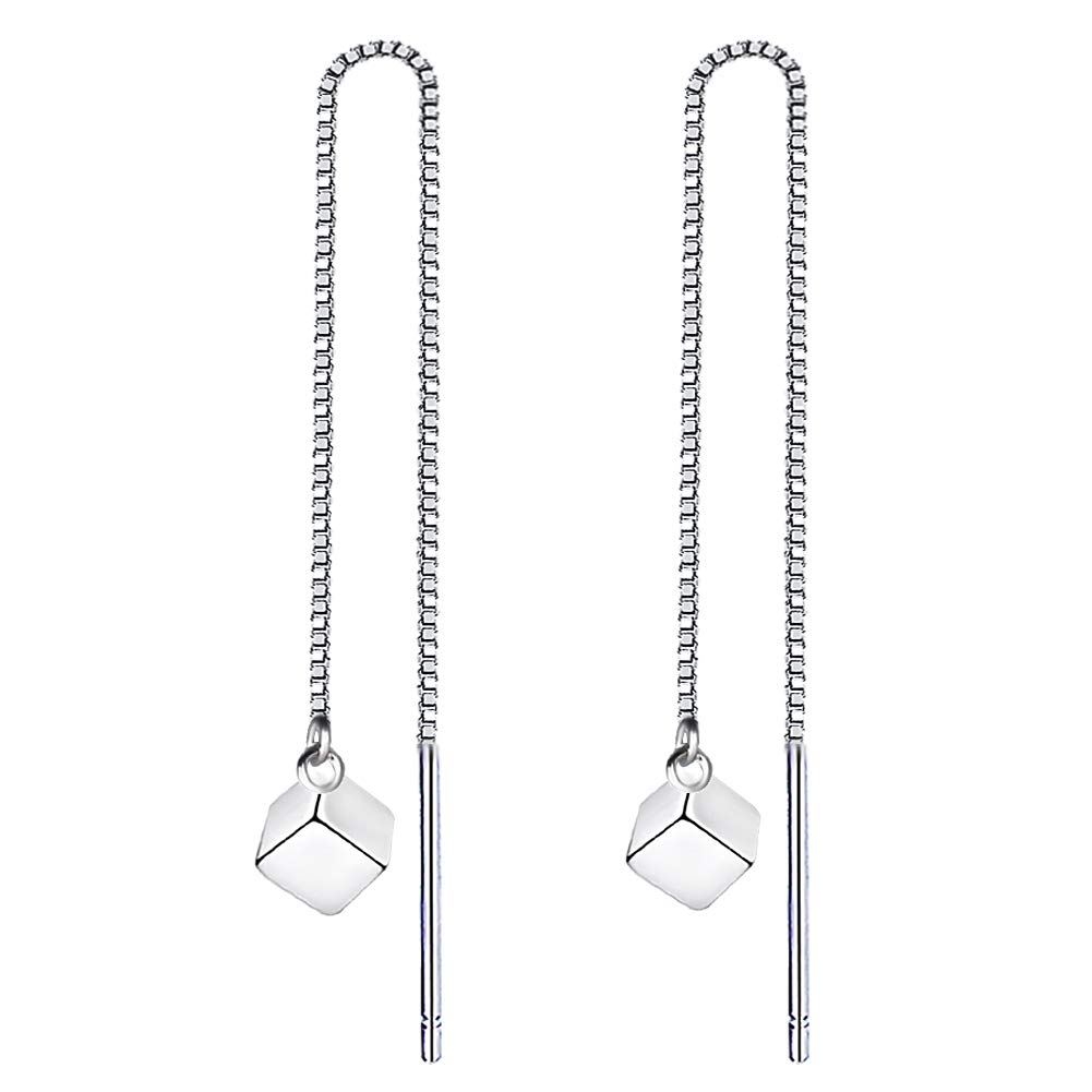 Yaneno Mini 925 Sterling Silver Needle Threader Pull Through Square Drop Dangle Earrings for Women (White)