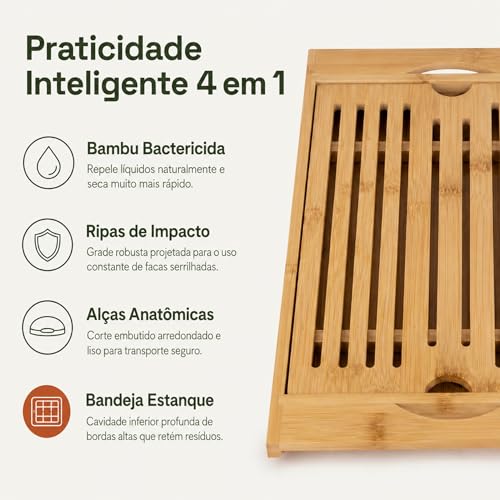 Tábua de Corte Bambu com Migalheira e Bandeja 4 em 1 | Bambu natural prensado, sulco coletor de migalhas, alças laterais, uso como fruteira ou suporte de panela, 36,8x22 cm