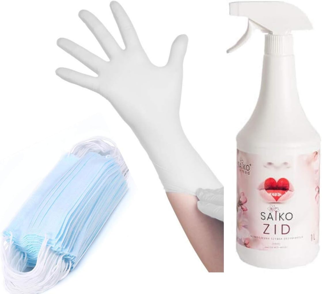 50 Pcs/lot 3 Layers Non-Woven Face Masks Earloop Disposable Mask Medical Surgical (Blue + Latex Glove + SAIKO 0,5L)
