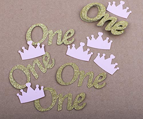 One Table Confetti. Gold and Pink ONE and Crown Confetti.