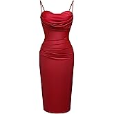 CurvySweet Women's Summer Cowl Neck Ruched Bodycon Midi Dress with Spaghetti Straps and Built-in Bra for Cocktail Party