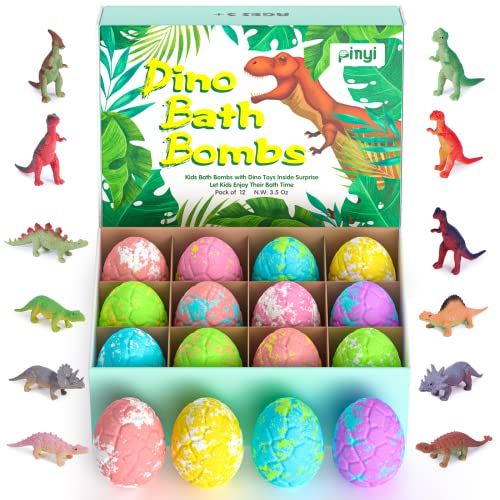 Kids Bath Bombs with Surprise Inside, 12 Pack Dinosaur Bath Bombs with Toys Inside for Kids