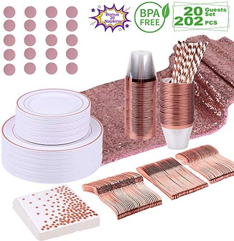 202 PCS 20 Guests Elegant Rose Gold Plates, Disposable Dinnerware Set Includes Plates, Napkins, Cutlery, Cups, Straws, Banner & Rose Gold Table Runner for Birthdays.