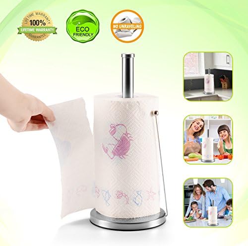Paper Towel Holder, Kitchen Towel Holder Adjustable Arm Compact Easy Tear Sturdy Stainless Steel Standing Paper Towel Dispenser Stand with Weighted Base for Tissue and Garbage Bags in Roll
