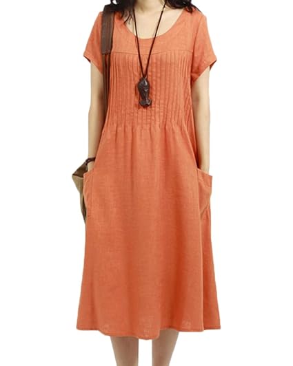 Femme Midi Robe De Plage En Lin Décontractée Manche Courte Dress Casual Col Rond Robe De Cocktail Jupe De Plage