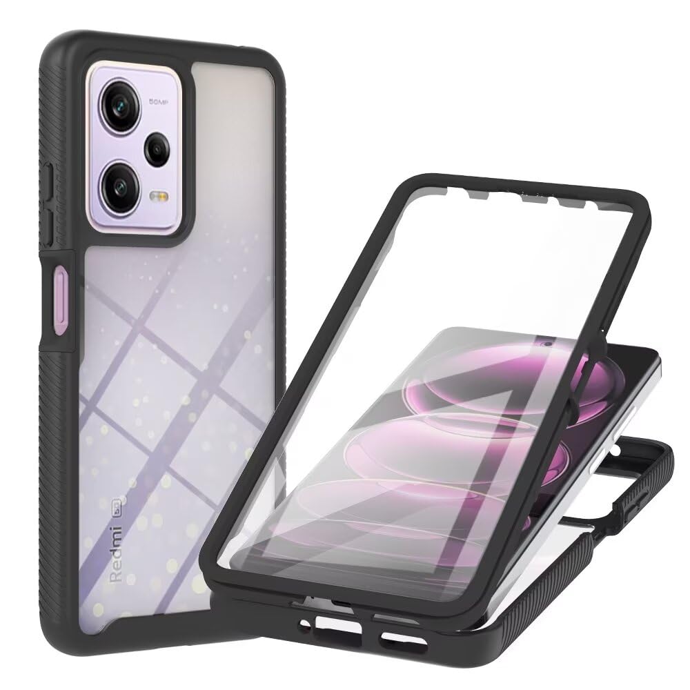 Lvnarery For Xiaomi Redmi Note 12 Pro 5G Case Built-in Screen Protector 360 Degree Full Body Shockproof Protection Cover Bumper Transparent Back Phone Case Shockproof Slim Fit Cover Black