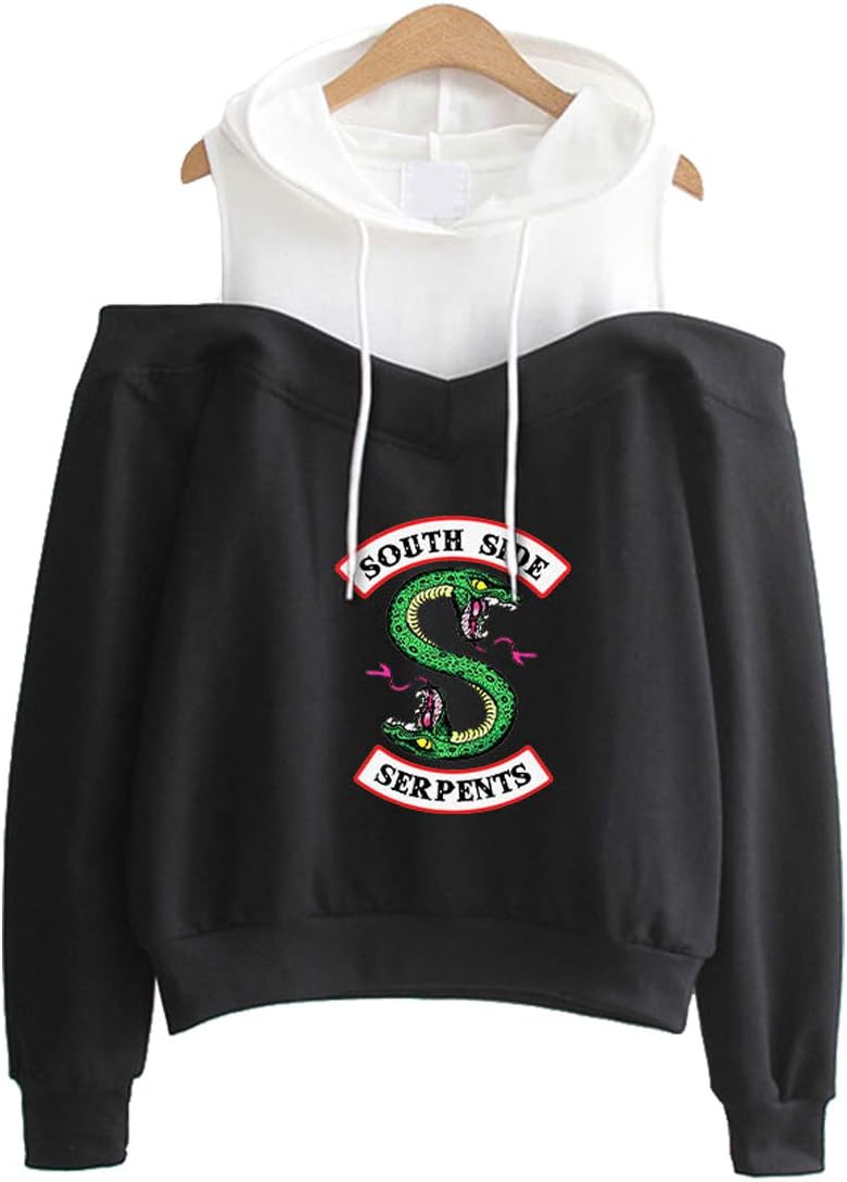Women Spring Fashion Cold Shoulder Tops Hoodies Riverdale Southside Serpents Print Hooded Crop Top Sweatshirt Outfits