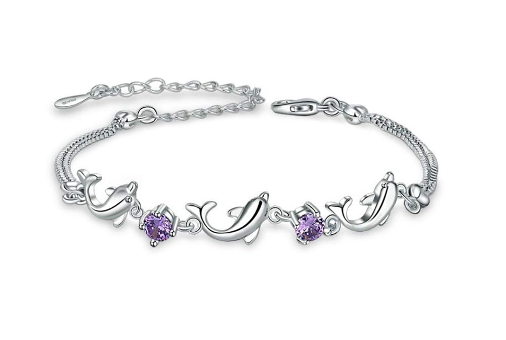 Kaguyo Silver Bracelets for Women - 925 Sterling Silver Clear Amethyst Adjustable Infinity Dolphin Crystal Bracelet for Women Girls- Friendship Birthday Gift