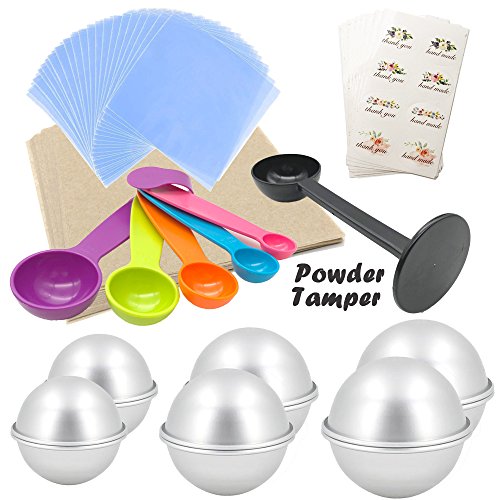 Bath Bomb DIY Kit,12x Aluminum Bath Bomb Molds 3 Sizes,1x Powder Tamper,1 Set of Measuring Spoon,50x Wrapping Paper,50 Shrink Wrap Bag, Crafting Starter Metal Set