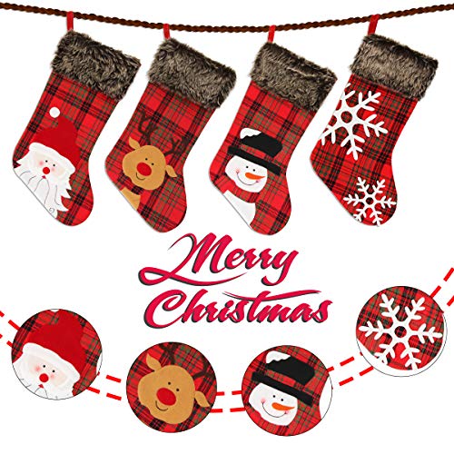 Aitbay Christmas Stockings, 4 Pack 18" Big Xmas Stockings, Burlap Plaid Style with Snowflake Santa Snowman Reindeer and Plush Faux Fur Cuff Family Pack Stockings for Xmas Holiday Party Decor