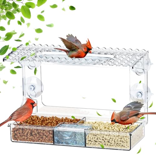 SUSOO Window Bird Feeder for Outdoors with 3 Large Capacity Detachable Seed & Water Tray, Acrylic Clear Bird Feeder with Suction Cups for Watching Wild Birds, Hummingbirds, Finches in Garden, Yard