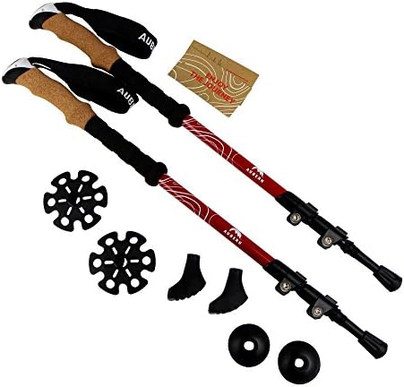 Aubern Outdoor Carbon Fiber Trekking Poles - Light weight, Collapsible, Comfortable Cork Grip, with Carry Bag (Red)