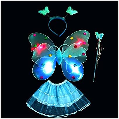4 Pcs Tutu Skirt Fairy Costumes Party Props With Luminous Angel Wing, Butterfly Headband And Magic Wand For Girls Dress Up (blue)