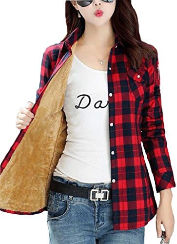 Totoship Winter Warm Heavyweight Flannel Plaid Shirt Fleece Lined Flannel Jacket (US 6, Red Black 1)