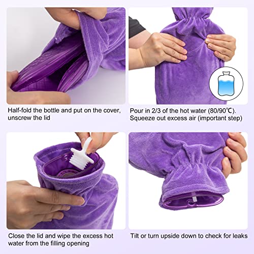 Hot Water Bottle with Cover, 2L Hot Water Bag for Pain Relief, PVC Hand Feet Warmer, Heat Therapy and Cold Therapy - for Menstrual Cramps, Neck and Shoulder Sores (Purple)