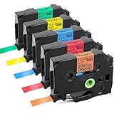 P Touch TZe Tape 12mm 0.47 Inch Laminated Black on Orange/Red/Blue/Yellow/Green Compatible with Brother P-Touch D210 D400 1280 1800 1880 Label Maker, 5 Pack(TZ-B31 TZ-431 TZ-531 TZ-631 TZ-731)